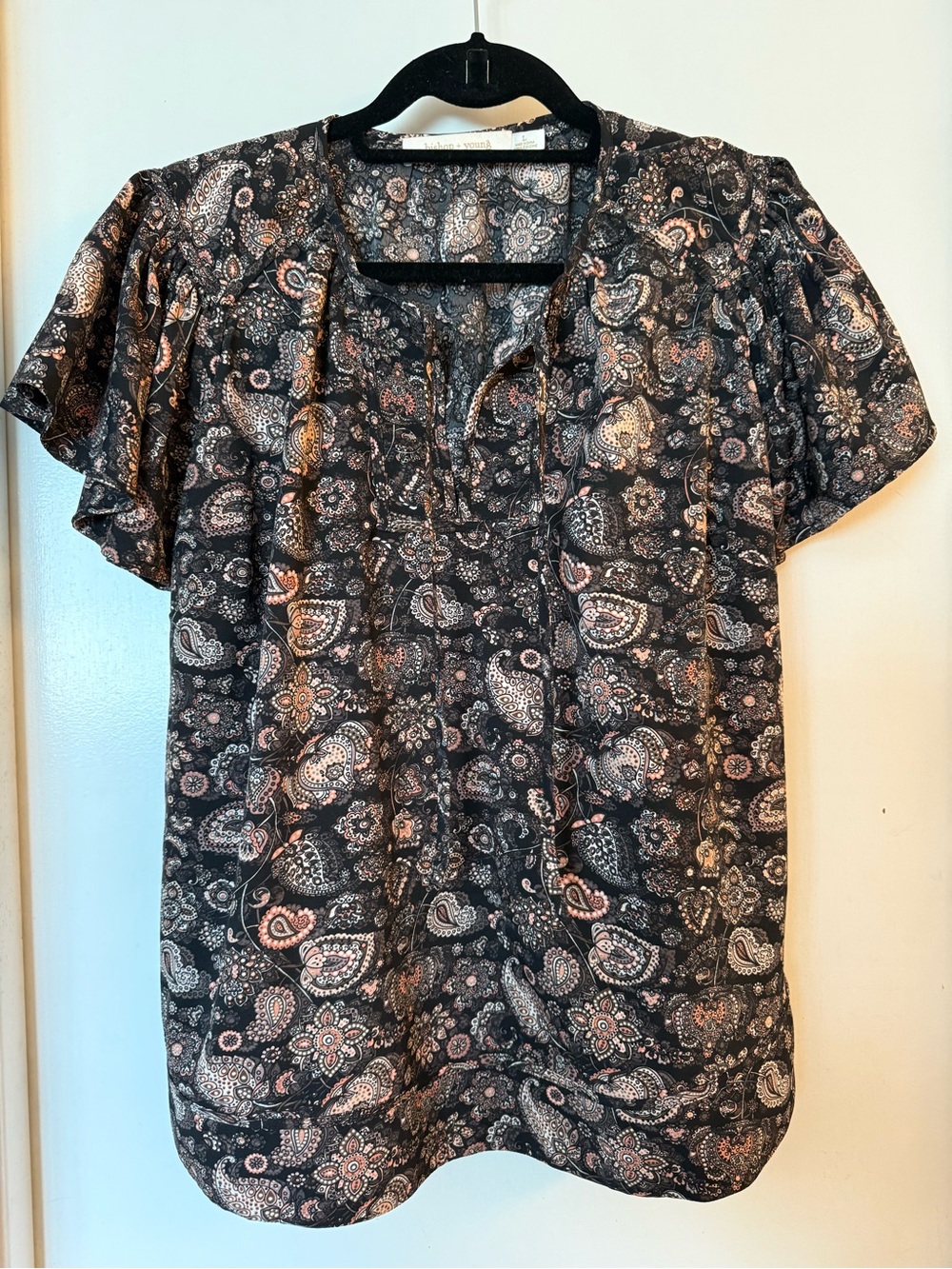 Bishop + Young Paisley short sleeve blouse in brown, peach and cream paisley